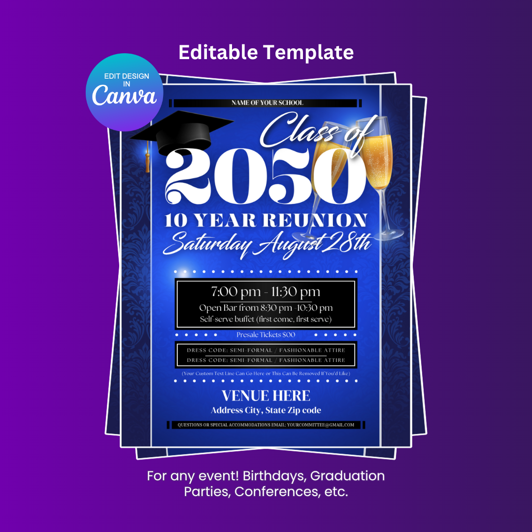 Graduation | Class Reunion Party Flyer Editable Canva Template