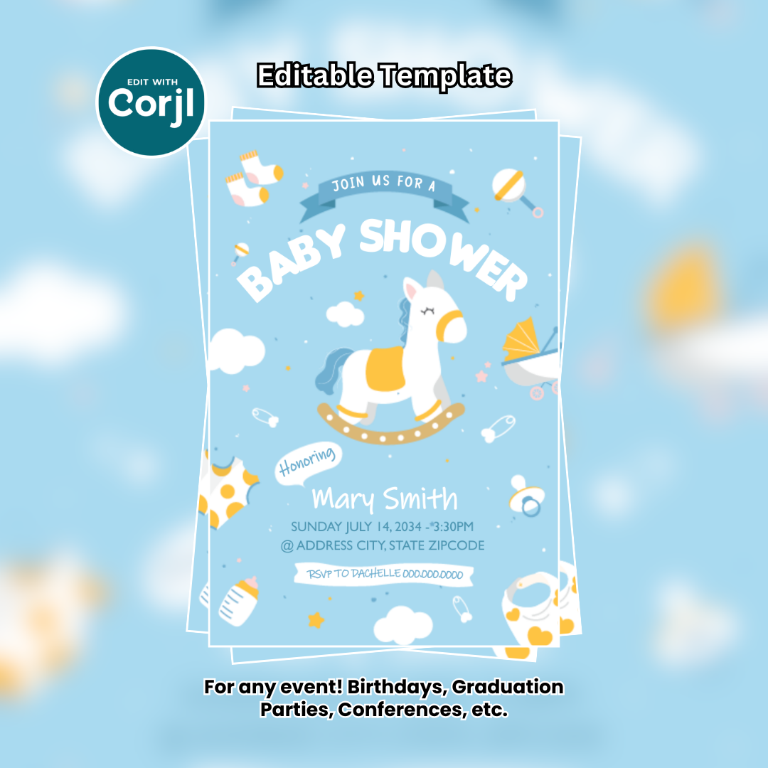 Rocking Horse Baby Shower Flyer Editable Template (Boy Edition)