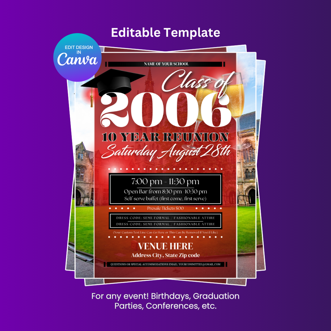 Class Reunion Party Flyer Editable Canva Template