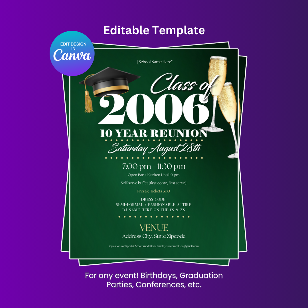 Class of Reunion Green Party Flyer Editable Canva Template