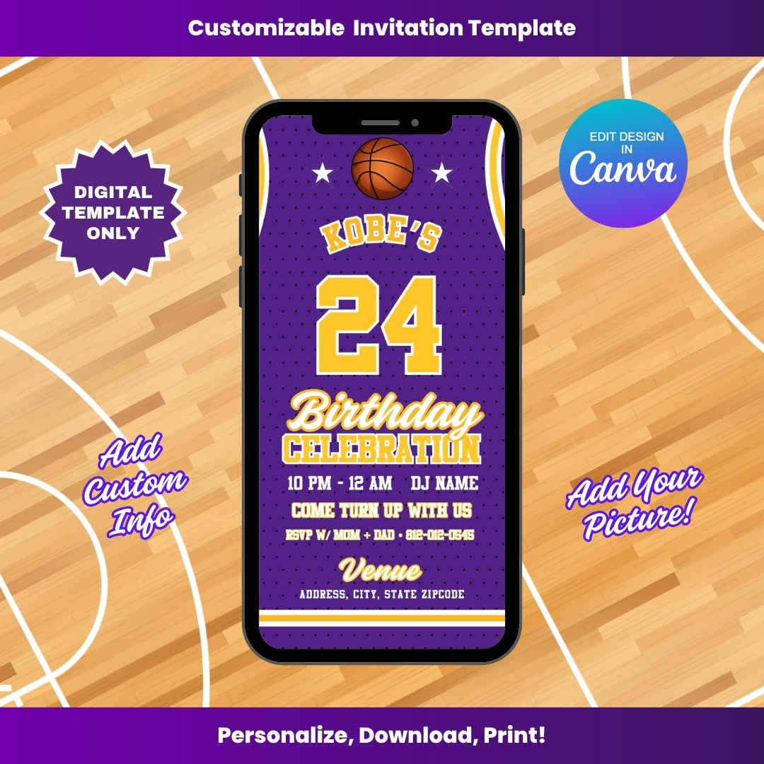 Lakers Birthday Flyer Editable Canva Template (Vertical)