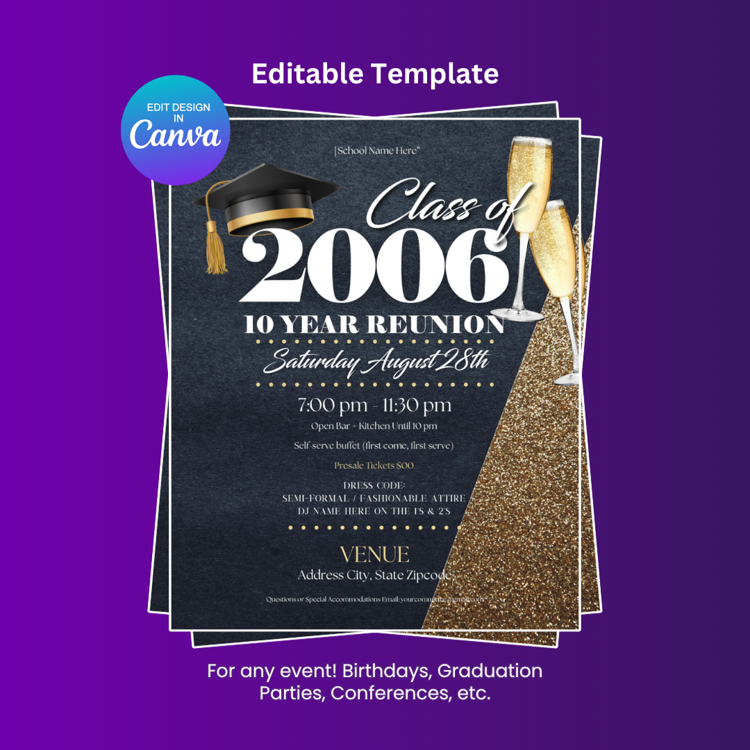 Class of Reunion Classy Party Flyer Editable Canva Template