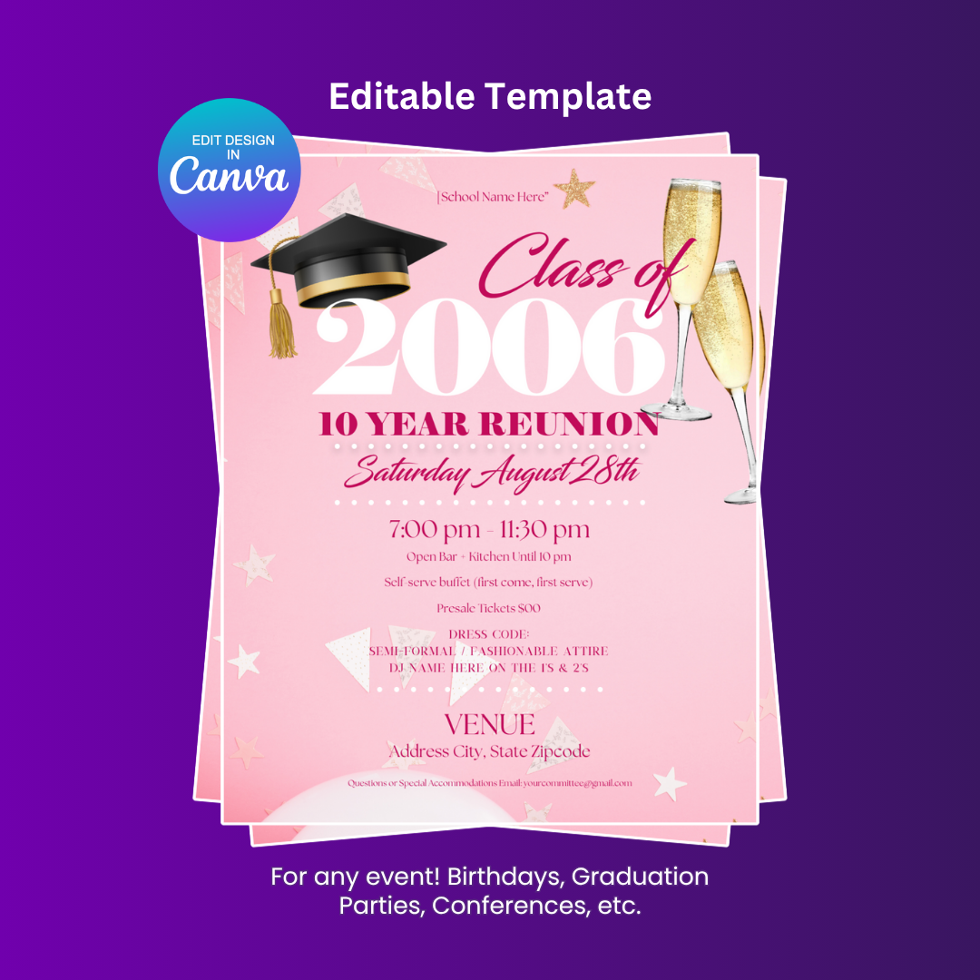 Pink Graduation Party Flyer Editable Canva Template