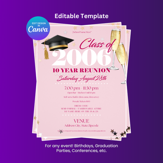 Class of Reunion Pink Party Flyer Editable Canva Template