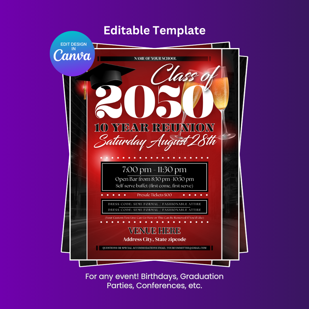 Class Reunion | Graduation Party Flyer Editable Canva Template