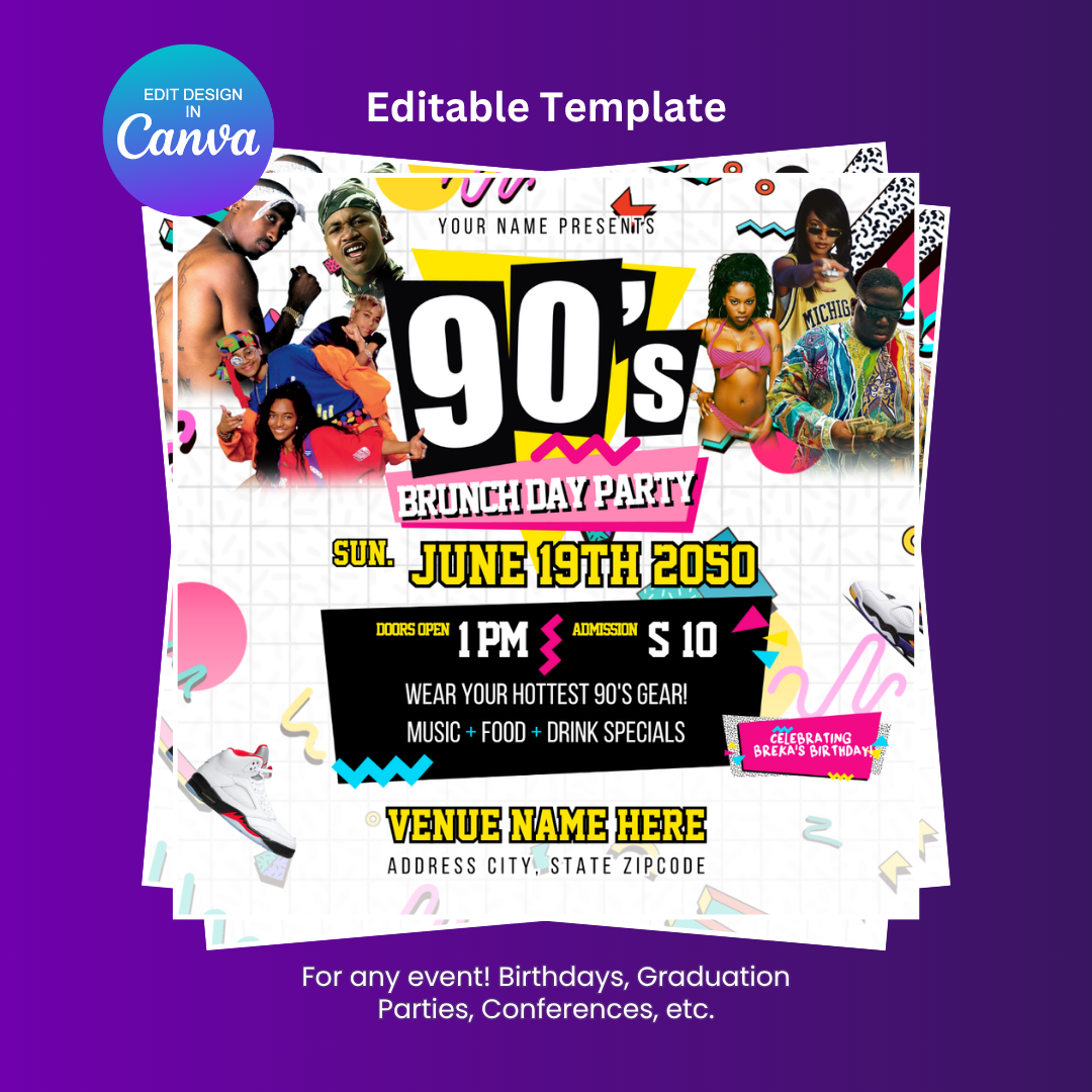 90's Brunch Day Party Flyer Editable Canva Template