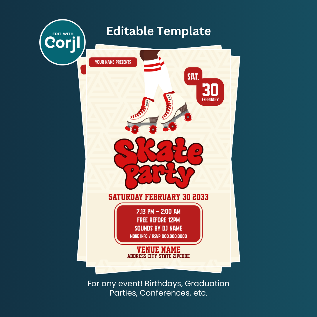 Skate Party Flyer Editable Template (Red)
