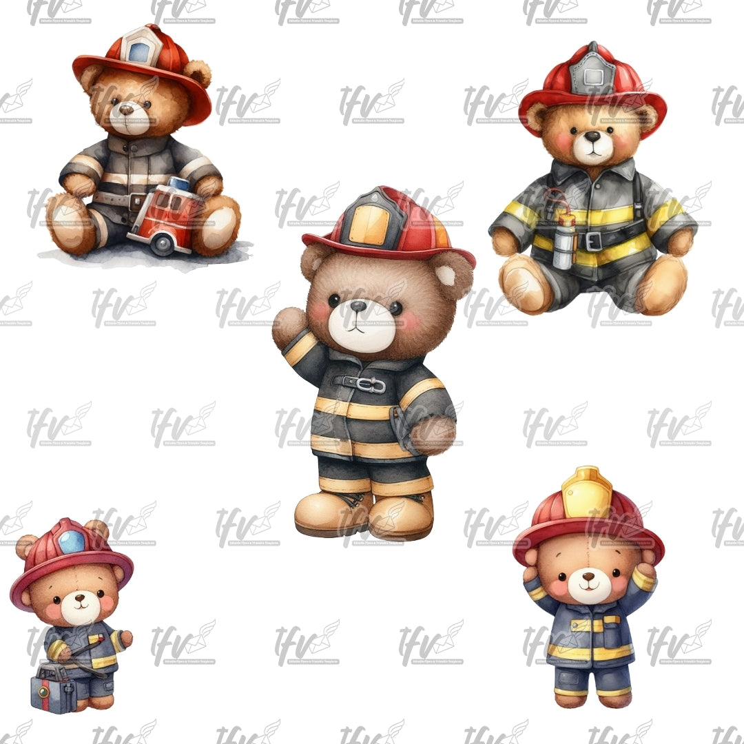 Firefighter Bear Clip Art, Firefighter Teddy Illustration Bundle