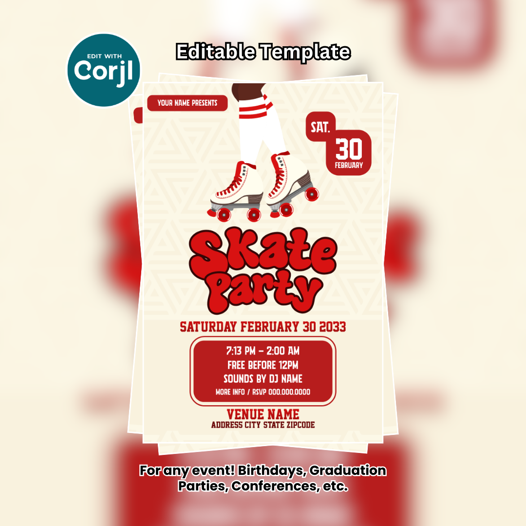 Skate Party Flyer Editable Template (Red)