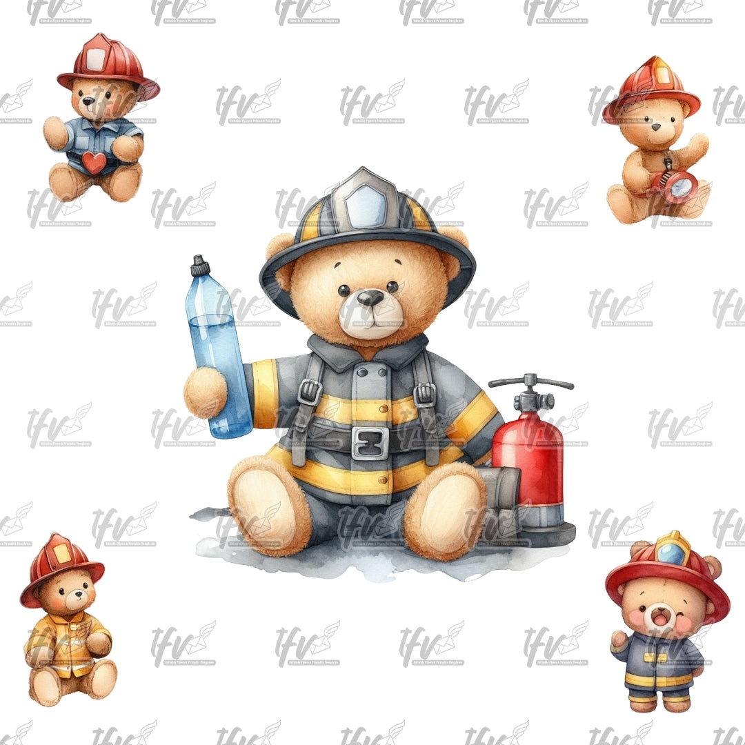 Firefighter Bear Clip Art, Firefighter Teddy Illustration Bundle