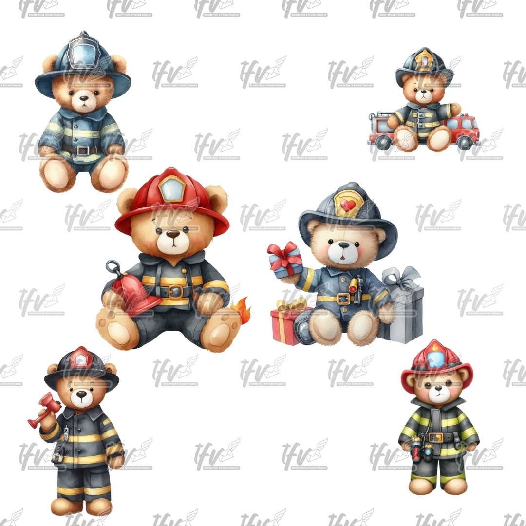 Firefighter Bear Clip Art, Firefighter Teddy Illustration Bundle