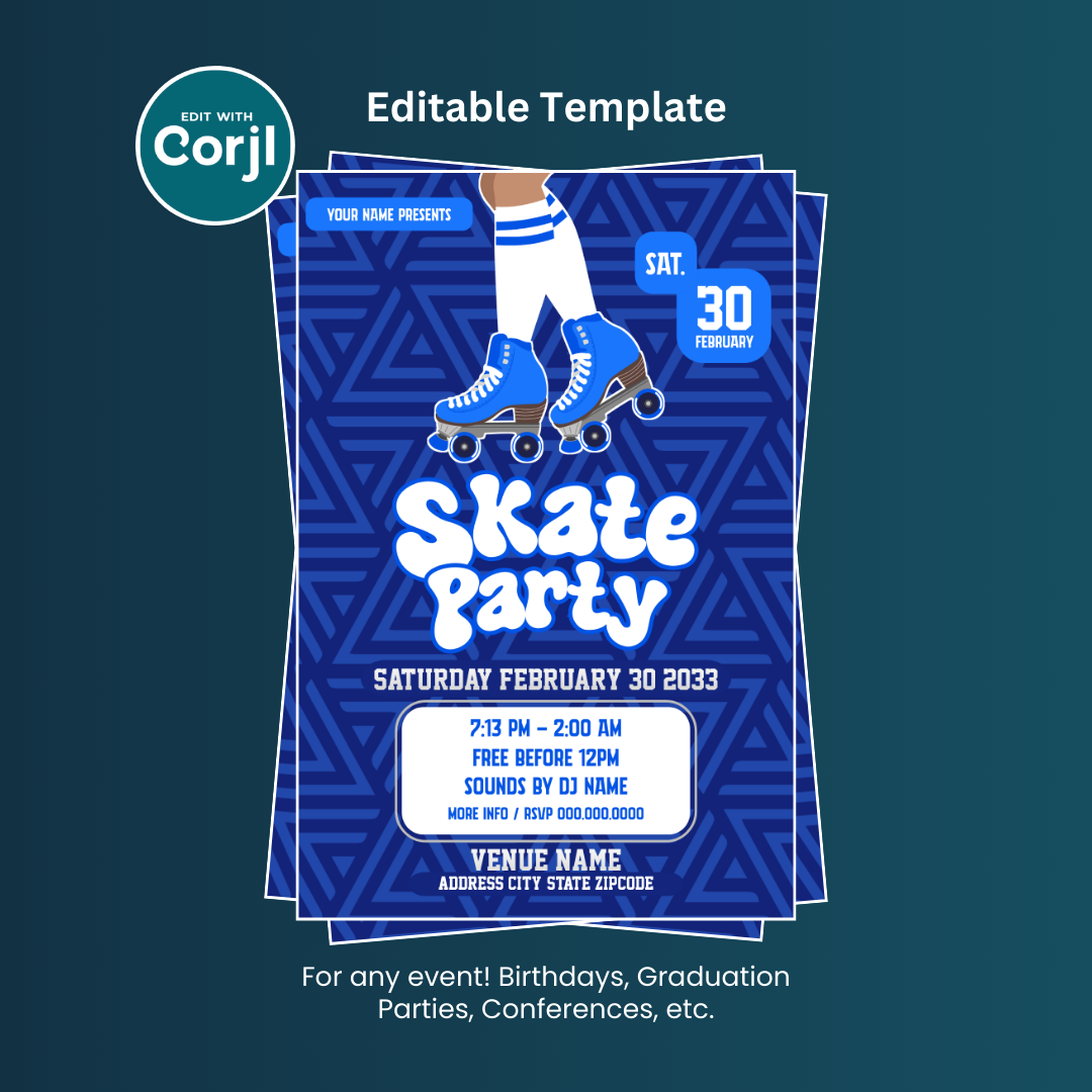 Skate Party Flyer Editable Template (Blue and White)