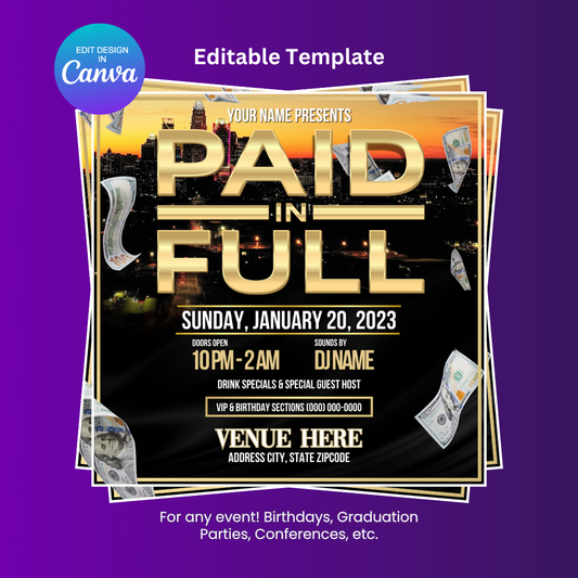 Charlotte Paid in Full Party Flyer Editable Canva Template