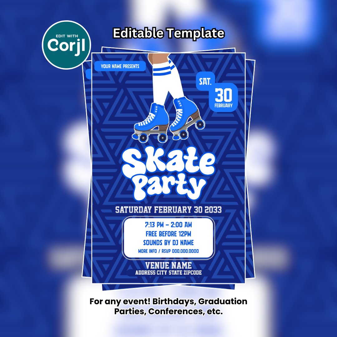 Skate Party Flyer Editable Template (Blue and White)