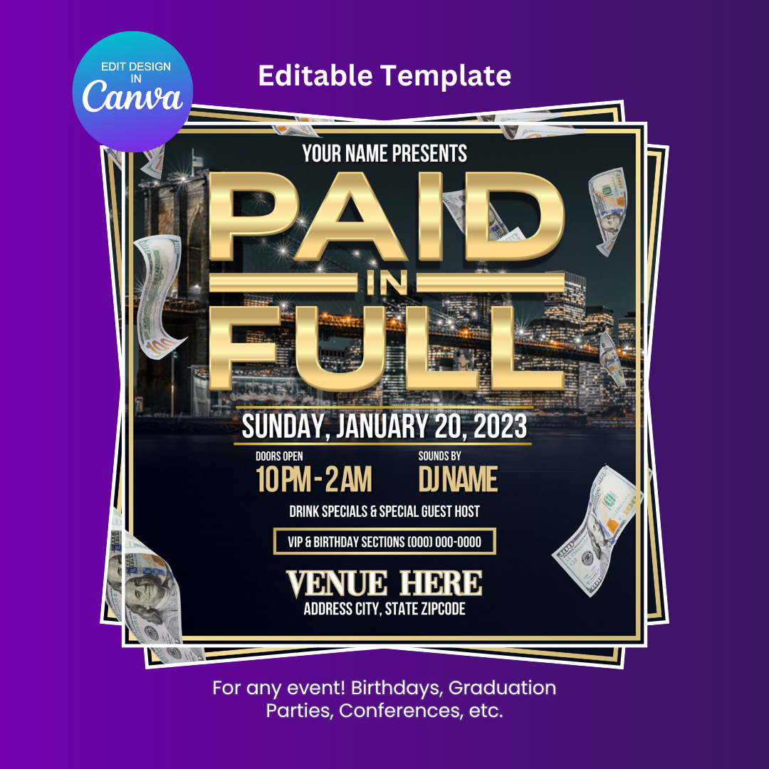 Paid in Full Party Flyer Editable Canva Template (NY Night)