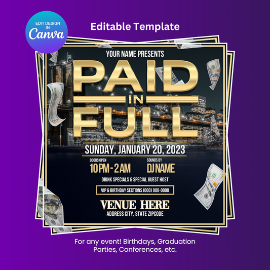 Paid in Full Party Flyer Editable Canva Template (NY Night)