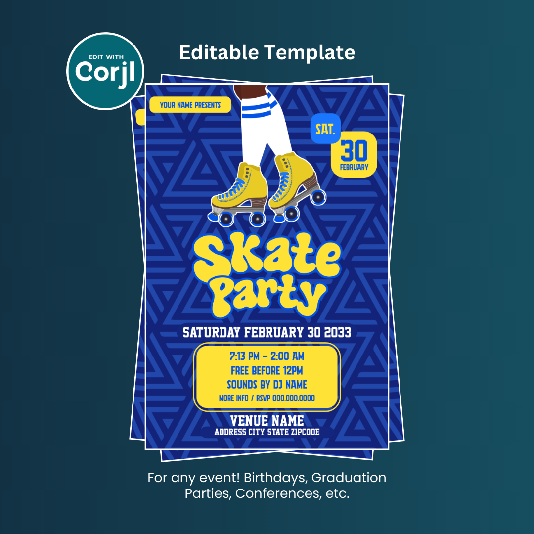 Skate Party Flyer Editable Template (Blue and Gold)