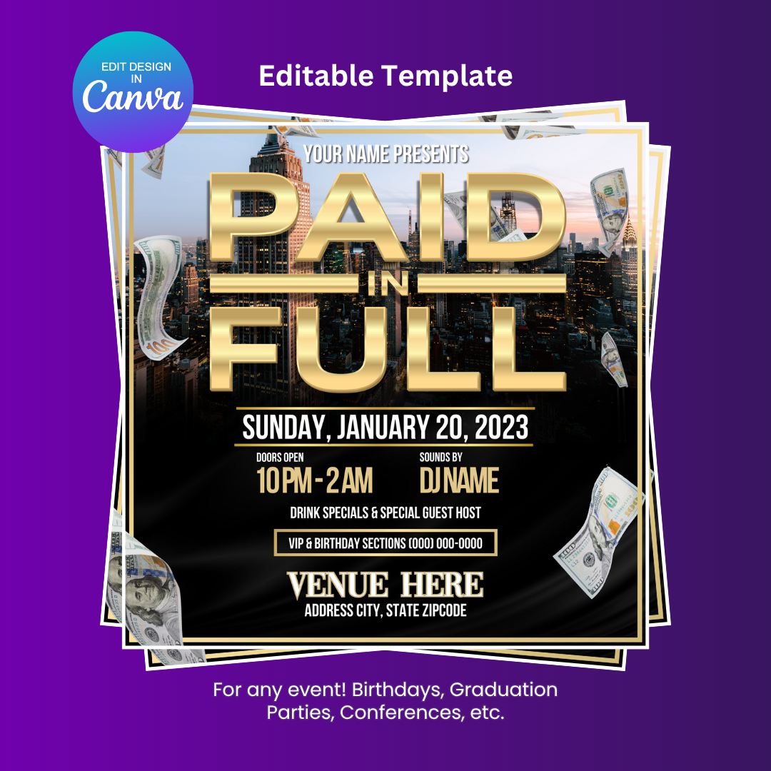 Paid in Full Party Flyer Editable Canva Template (NY Day)