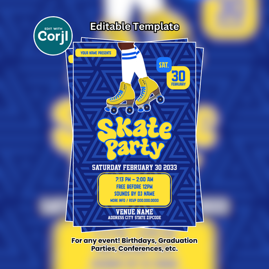 Skate Party Flyer Editable Template (Blue and Gold)