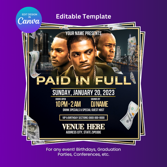 Paid in Full Party Flyer Editable Canva Template (Movie)