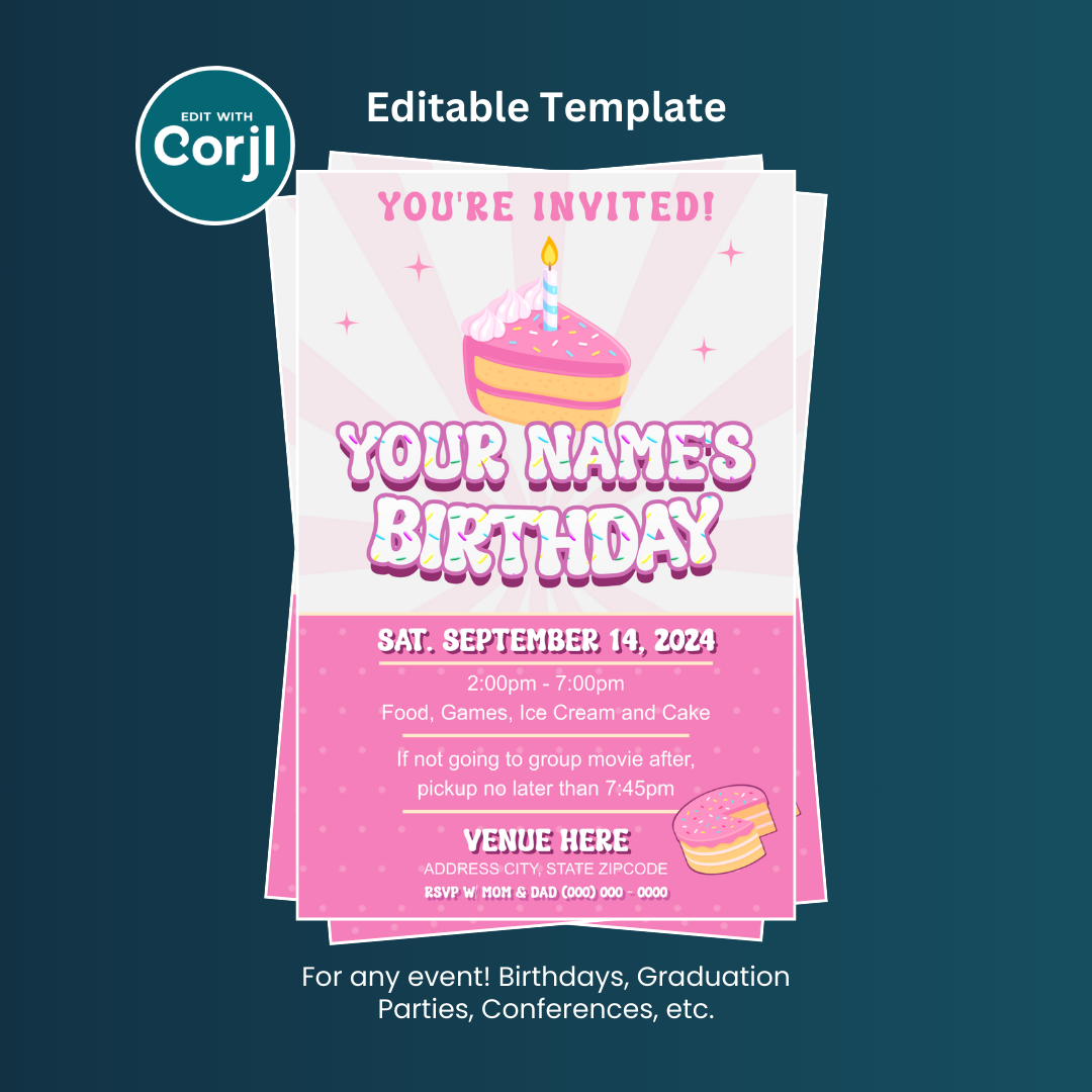 Cute Pink Birthday Cake Flyer Editable Template (4x6)