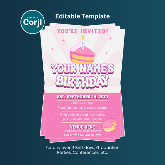 Cute Pink Birthday Cake Flyer Editable Template (4x6)