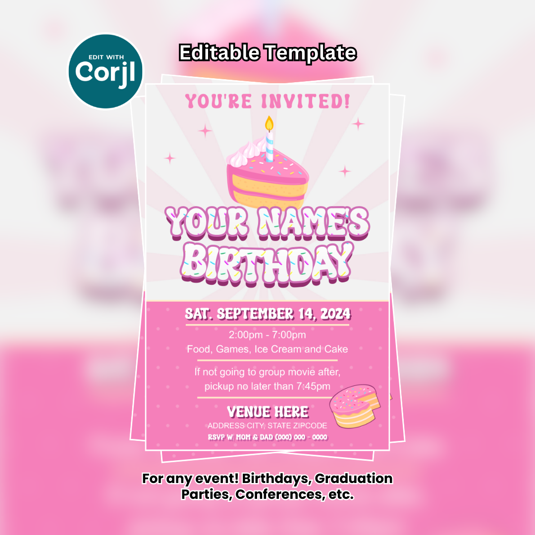 Cute Pink Birthday Cake Flyer Editable Template (4x6)