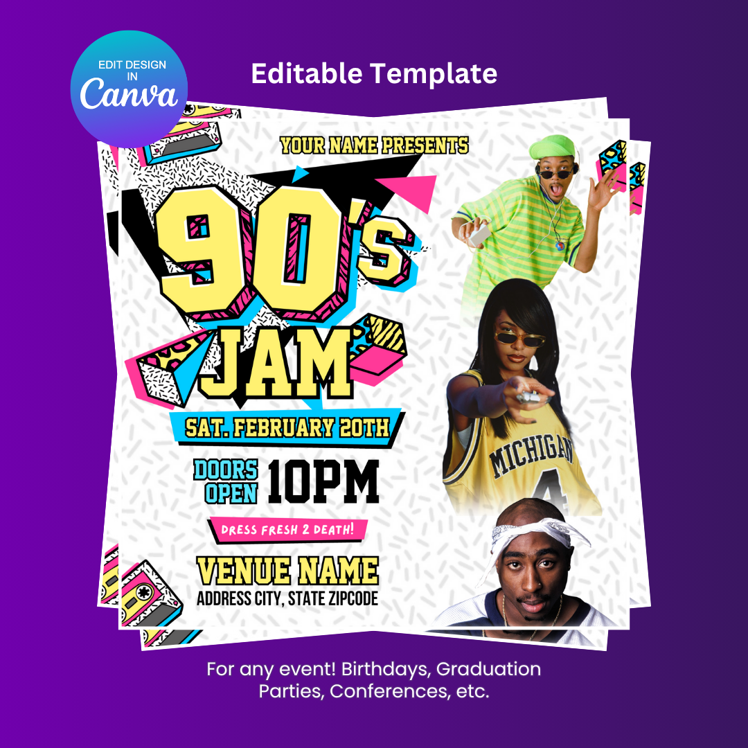 90's Music Jam Flyer Editable Canva Template