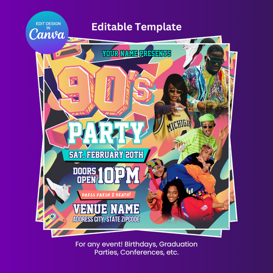 Abstract Swirl 90s Party Invitation Editable Canva Template