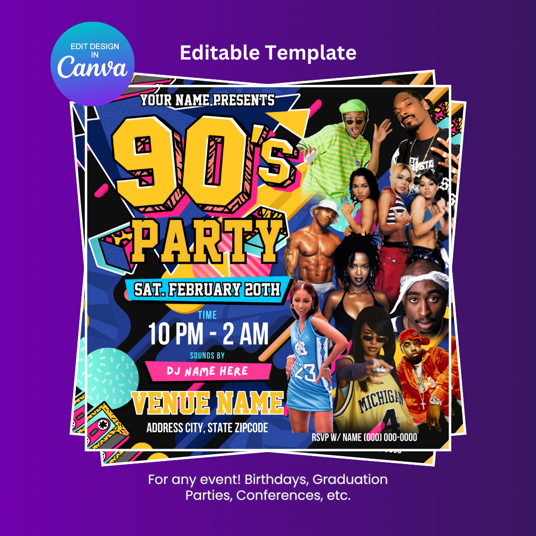 Neon Rave 90s Party Flyer Editable Canva Template