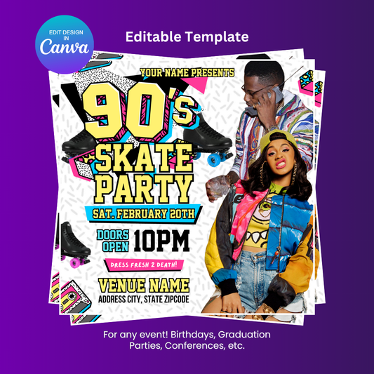 90s Retro Vibe Skate Party Flyer Editable Canva Template