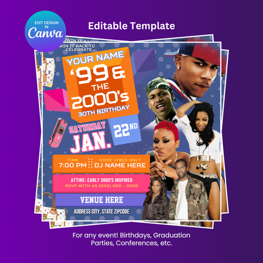 99 and the 2000's Birthday Party Flyer Editable Canva Template (OG Purple)