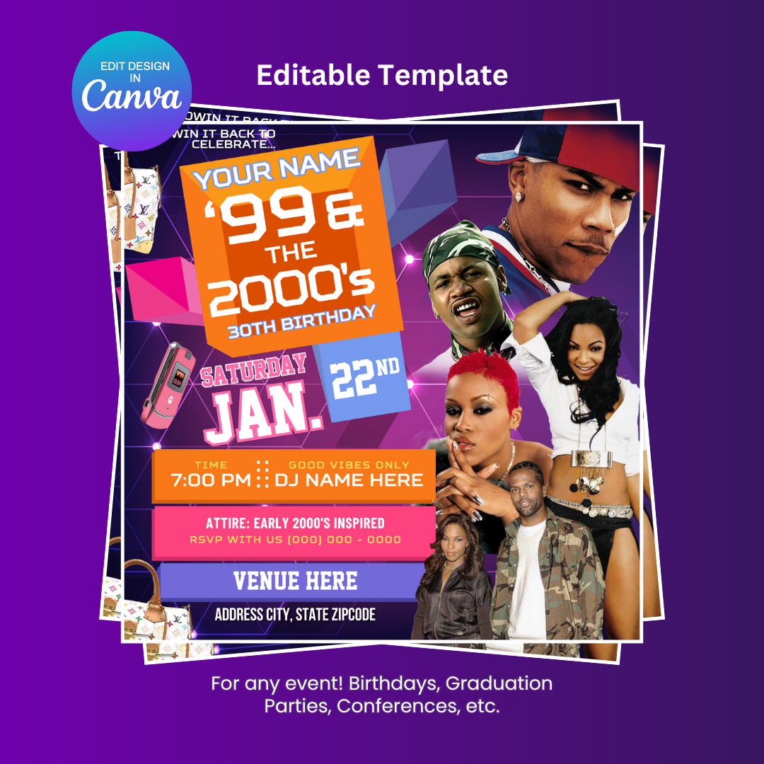 Neon Purple 106 and Park Birthday Party Flyer Editable Canva Template