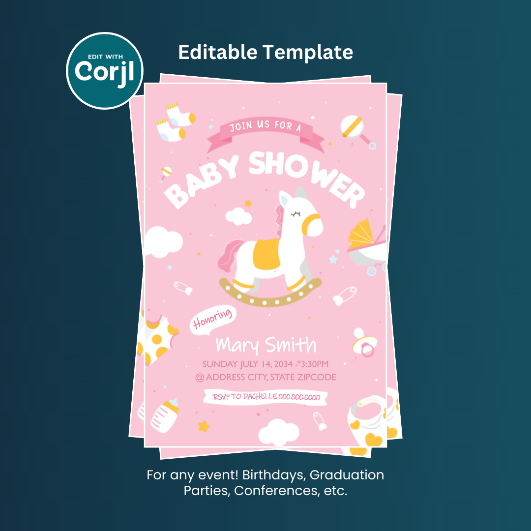Rocking Horse Baby Shower Flyer Editable Template (Girl Edition)