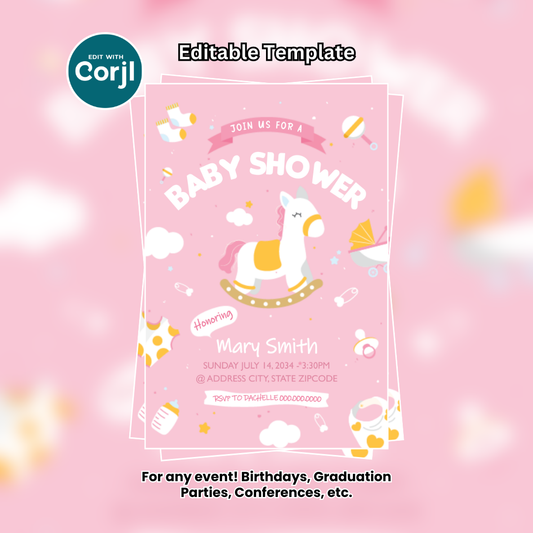 Rocking Horse Baby Shower Flyer Editable Template (Girl Edition)