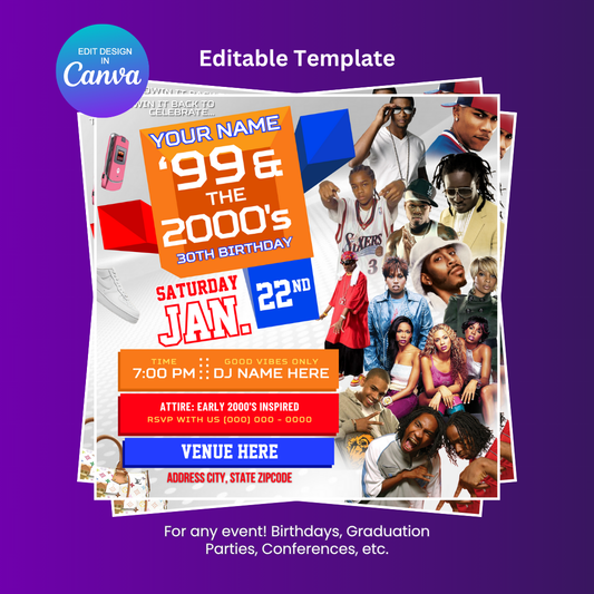 99 and the 2000's Birthday Party Flyer Editable Canva Template (Swag White)