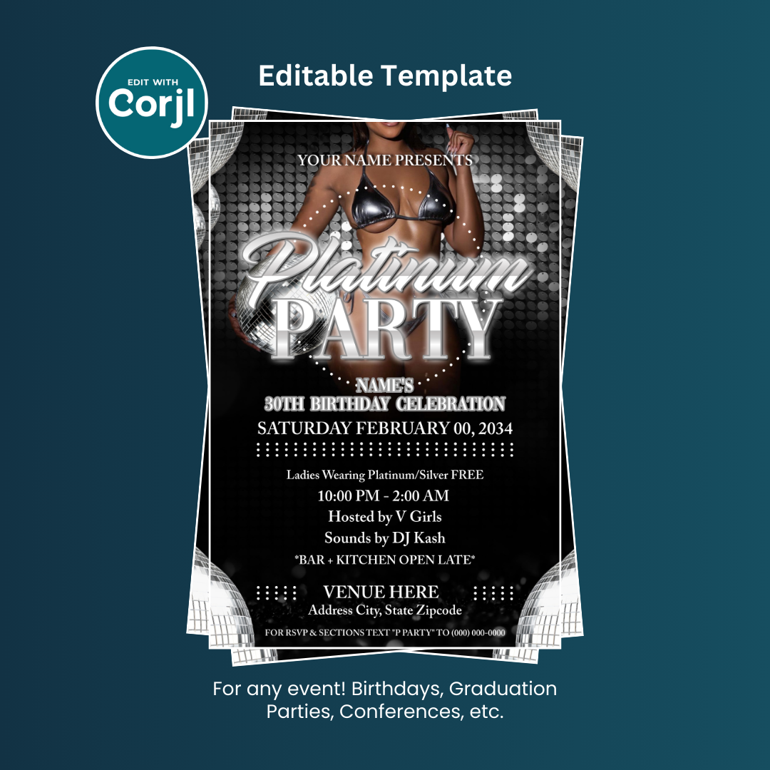 Platinum Party Flyer Editable Template (4x6)