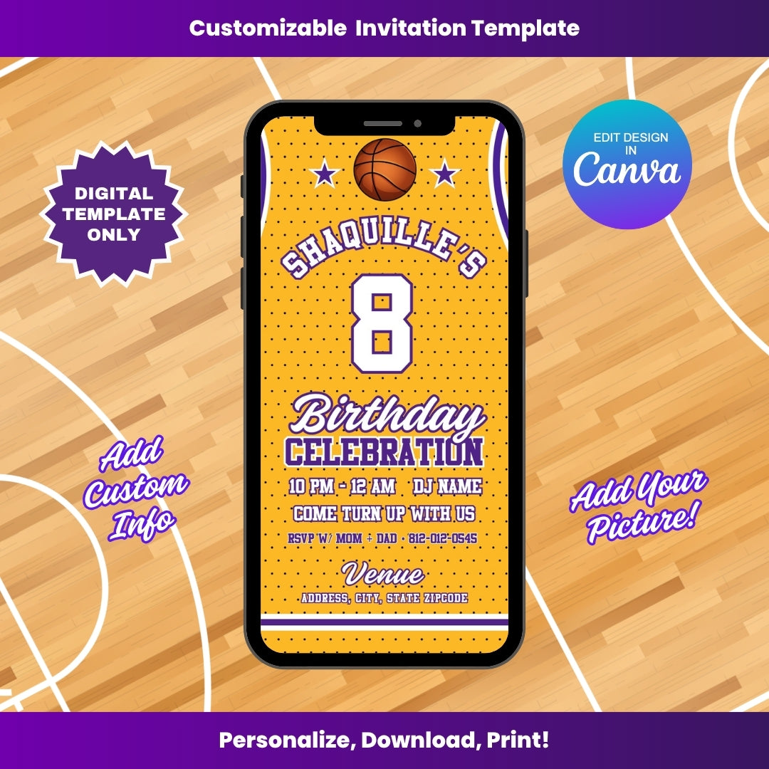 Los Angeles Lakers Birthday Flyer Editable Canva Template (Vertical)