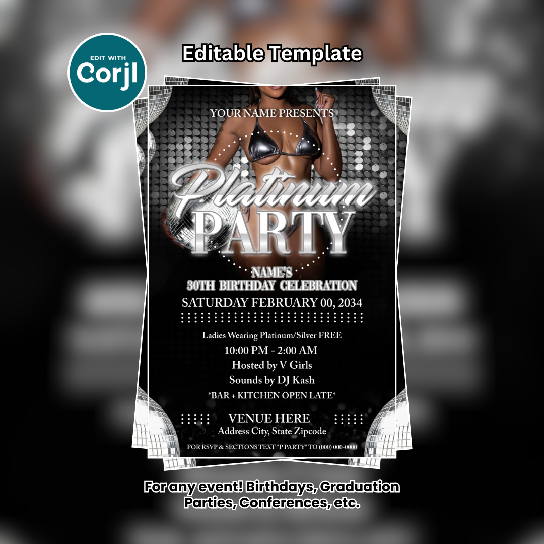Platinum Party Flyer Editable Template (4x6)