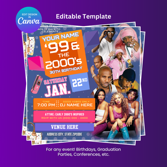 99 and the 2000's Birthday Party Flyer Editable Canva Template (Camron & Missy Purple)