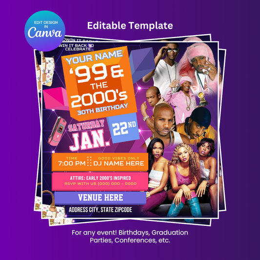 99 and the 2000's Birthday Party Flyer Editable Canva Template (Neon Purple Haze)