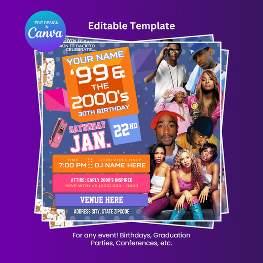 99 and the 2000's Birthday Party Flyer Editable Template (2pac Purple)