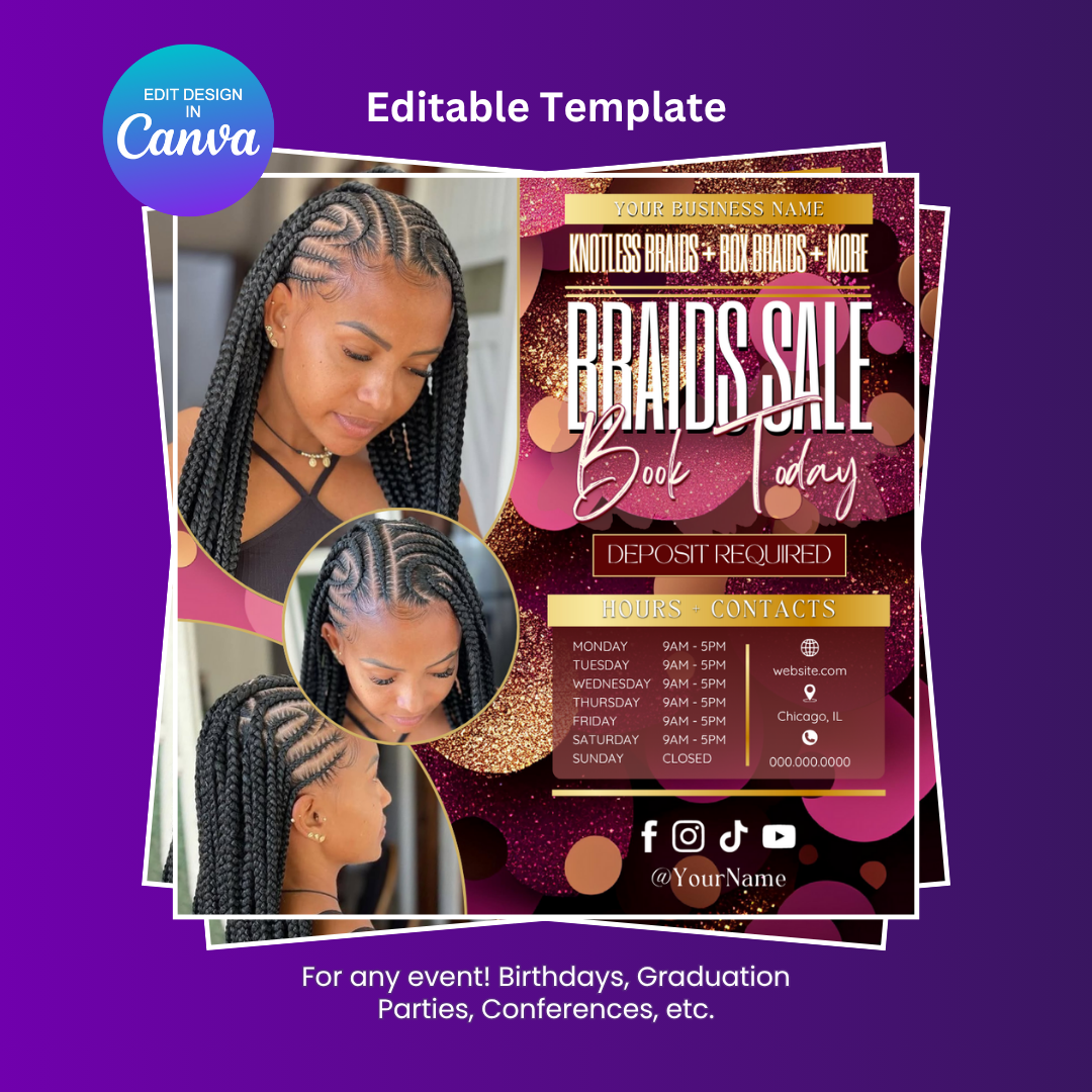Braids Booking Flyer for Braiders Editable Canva Template