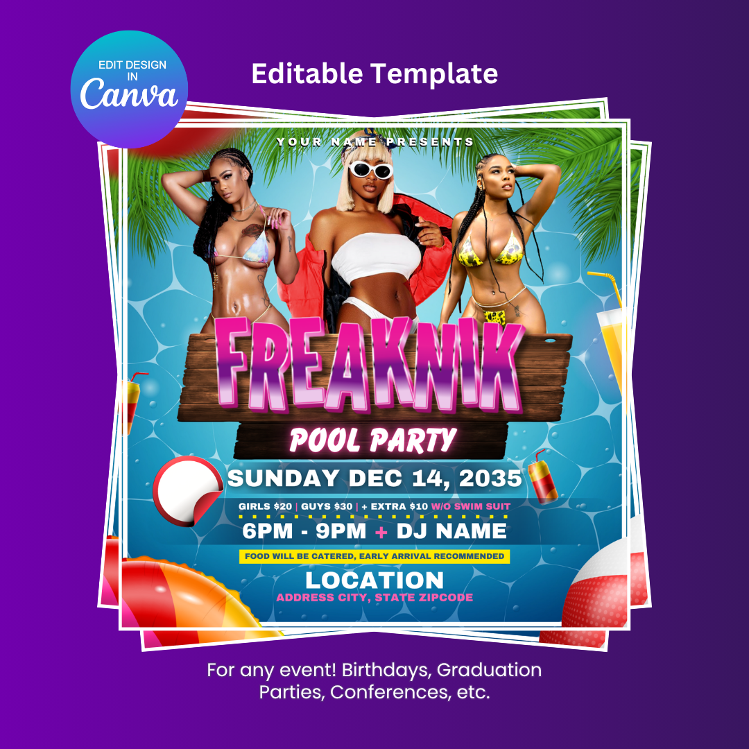 Freaknik Pool Party Flyer Editable Canva Template
