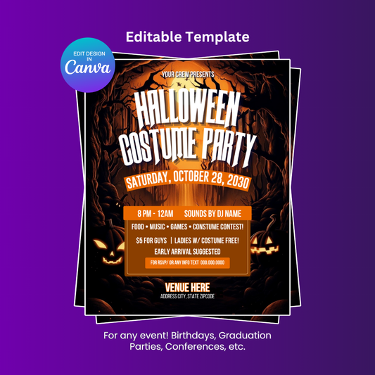Halloween Costume Party Flyer Editable Canva Template