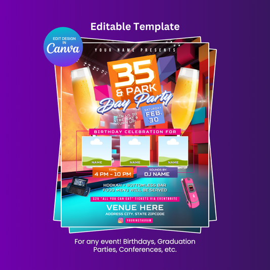 106 and Park Day Party Flyer Editable Canva Template (Studio Countdown)