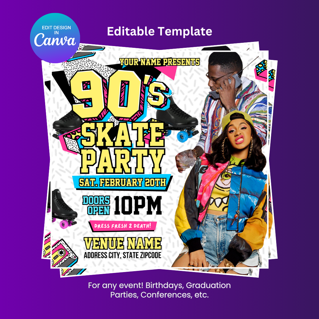 90s Retro Vibe Skate Party Flyer Editable Canva Template