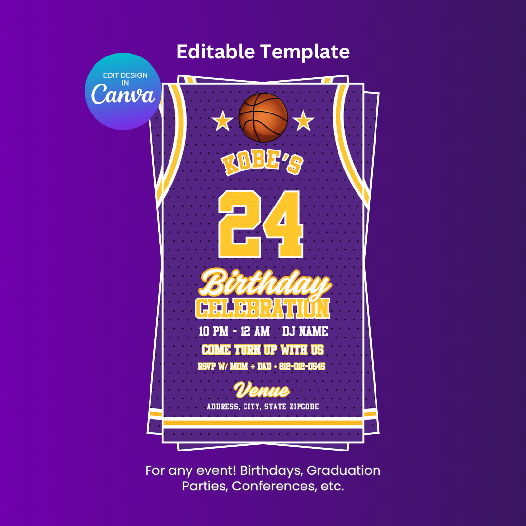 Lakers Birthday Flyer Editable Canva Template (Vertical)