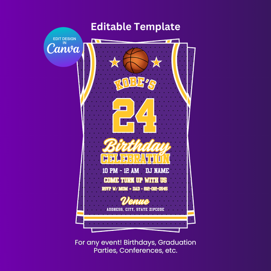 Lakers Birthday Flyer Editable Canva Template (Vertical)
