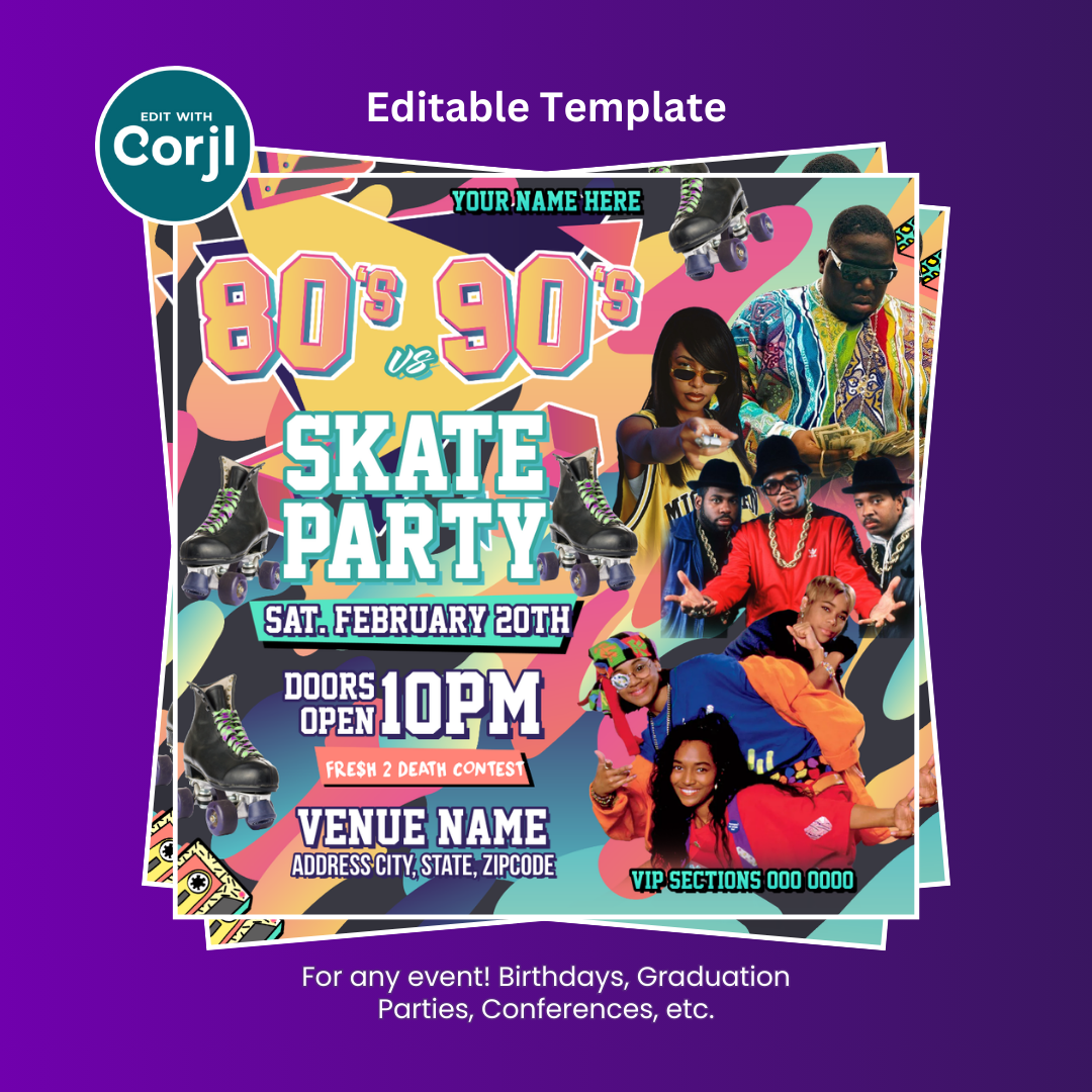 Abstract Swirl 80's vs 90's Birthday Skate Party Flyer Editable Template